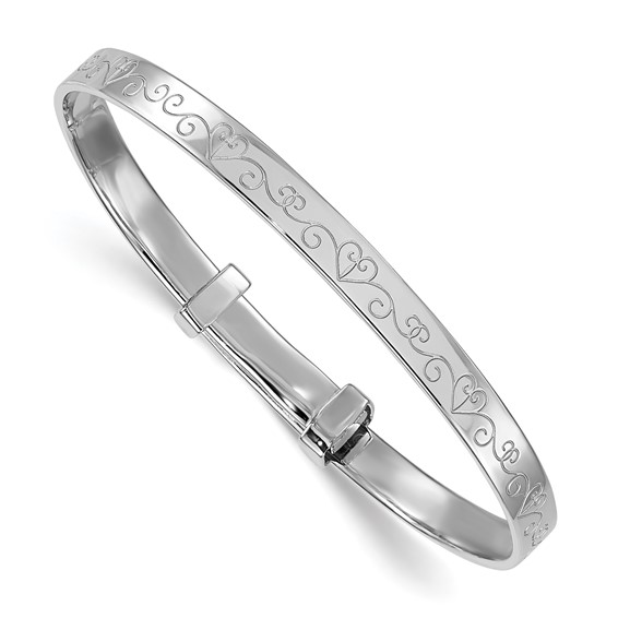 Sterling Silver Rhodium-plated Polished Etched Heart Pattern Childrens Expandable Bangle