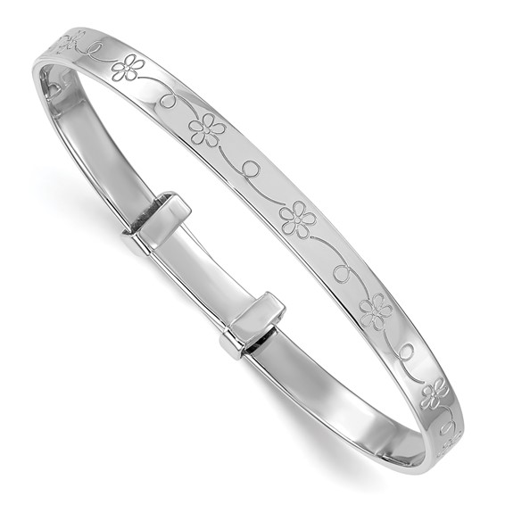 Sterling Silver Rhodium-plated Polished Etched Floral Pattern Childrens Expandable Bangle