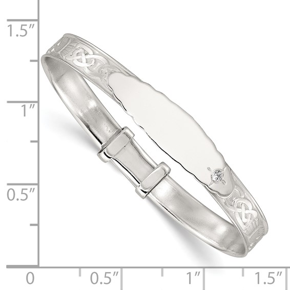 Sterling Silver Polished White CZ Claddagh Expandable Slip-on Baby ID Bangle