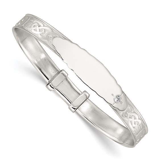 Sterling Silver Polished White CZ Claddagh Expandable Slip-on Baby ID Bangle