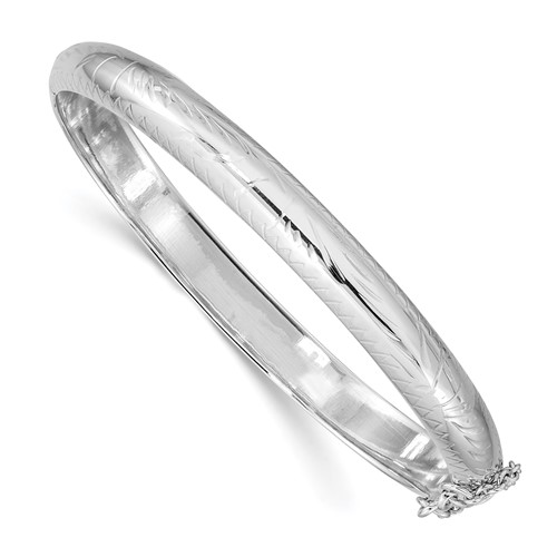 Sterling Silver Rhodium-plated Diamond-cut 7mm Hinged Bangle Bracelet with Safety Chain