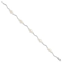 Sterling Silver Rhodium-plated 3-6mm White Near-Round Freshwater Cultured Pearl Bracelet, 7.25" view 2