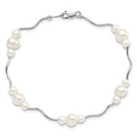 Sterling Silver Rhodium-plated 3-6mm White Near-Round Freshwater Cultured Pearl Bracelet, 7.25" view 4