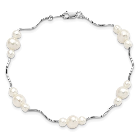 Sterling Silver Rhodium-plated 3-6mm White Near-Round Freshwater Cultured Pearl 7.25 inch Bracelet
