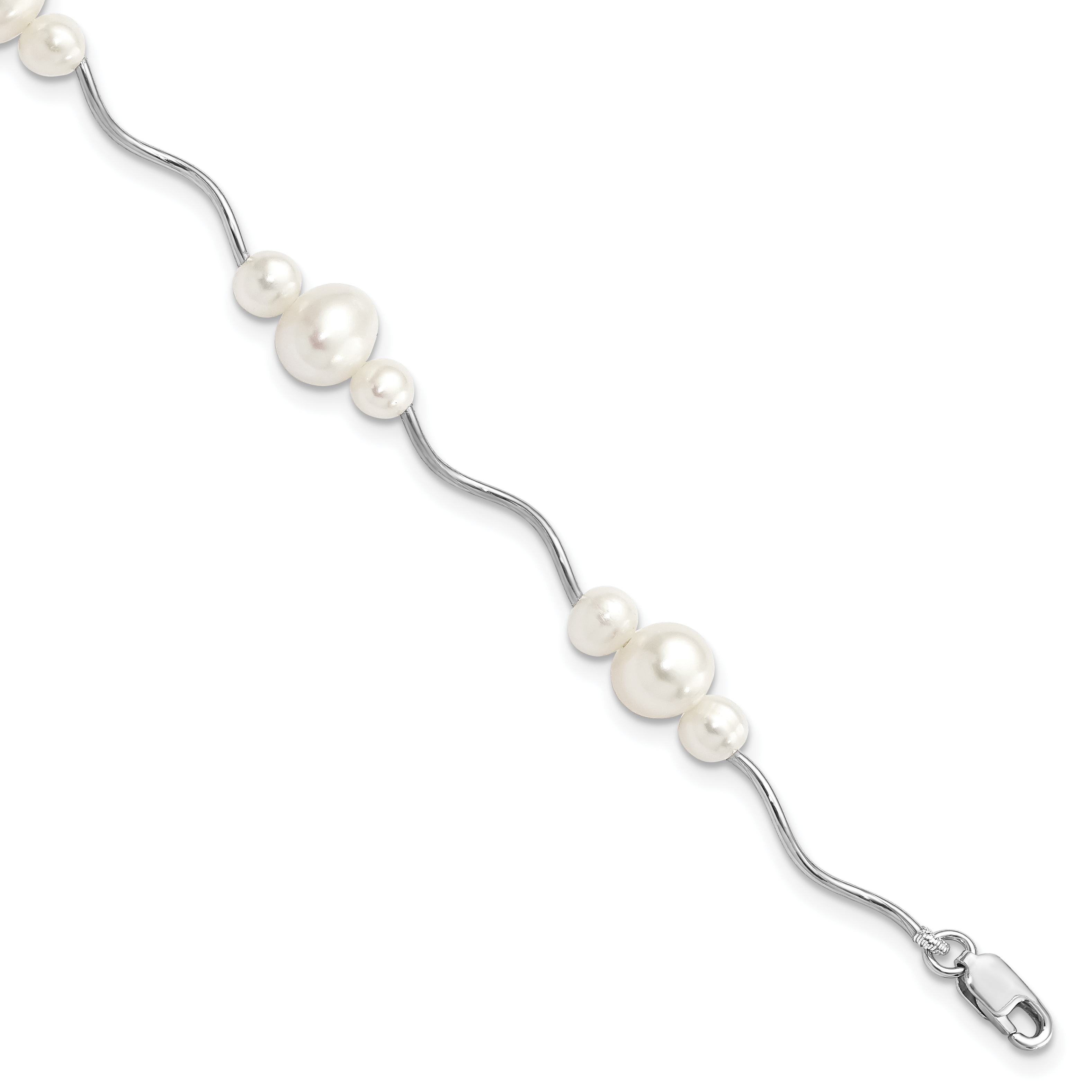 Sterling Silver Rhodium-plated 3-6mm White Near-Round Freshwater Cultured Pearl 7.25 inch Bracelet (QB249)