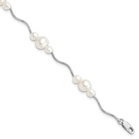Sterling Silver Rhodium-plated 3-6mm White Near-Round Freshwater Cultured Pearl Bracelet, 7.25" view 1