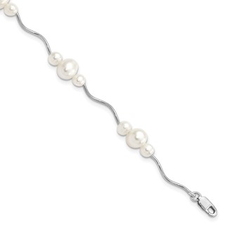 Sterling Silver Rhodium-plated 3-6mm White Near-Round Freshwater Cultured Pearl 7.25 inch Bracelet