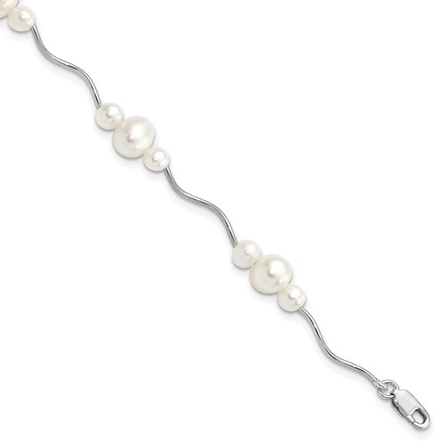 Sterling Silver Rhodium-plated 3-6mm White Near-Round Freshwater Cultured Pearl Bracelet, 7.25"