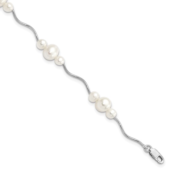 Sterling Silver Rhodium-plated 3-6mm White Near-Round Freshwater Cultured Pearl 7.25 inch Bracelet