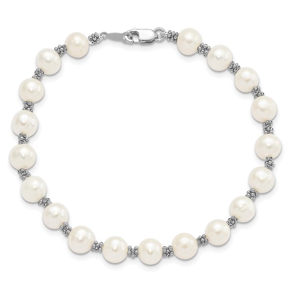 Sterling Silver Rhodium-plated 6-7mm White Round Freshwater Cultured Pearl 7.25 inch Bracelet