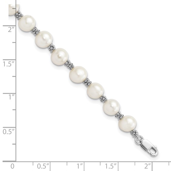 Sterling Silver Rhodium-plated 6-7mm White Round Freshwater Cultured Pearl 7.25 inch Bracelet