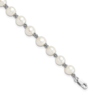Sterling Silver Rhodium-plated 6-7mm White Round Freshwater Cultured Pearl 7.25 inch Bracelet