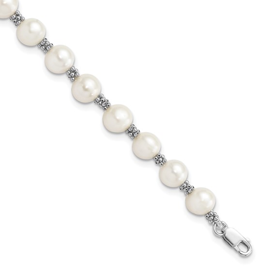 Sterling Silver Rhodium-plated 6-7mm White Round Freshwater Cultured Pearl 7.25 inch Bracelet