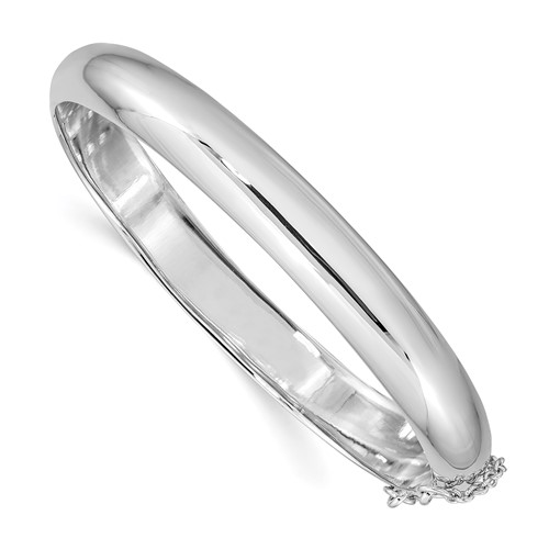 Sterling Silver Rhodium-plated Polished Domed 9mm Hinged Bangle Bracelet Chain with Safety