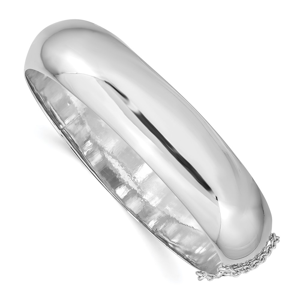 Sterling Silver Rhodium-plated Polished Domed 15mm Hinged Bangle Bracelet Chain with Safety