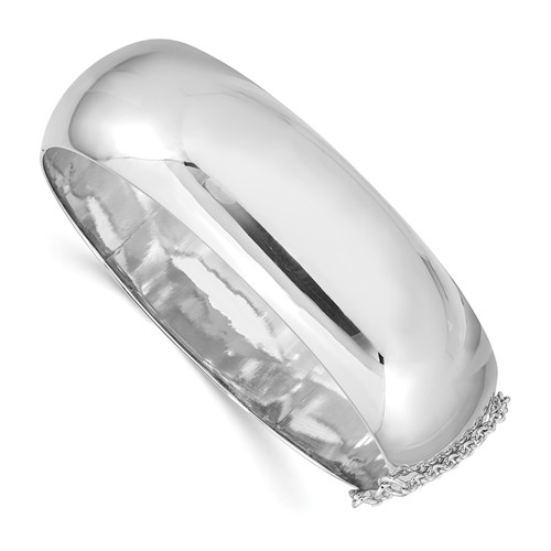 Sterling Silver Rhodium-plated Polished Domed 20mm Hinged Bangle Bracelet with Safety Chain