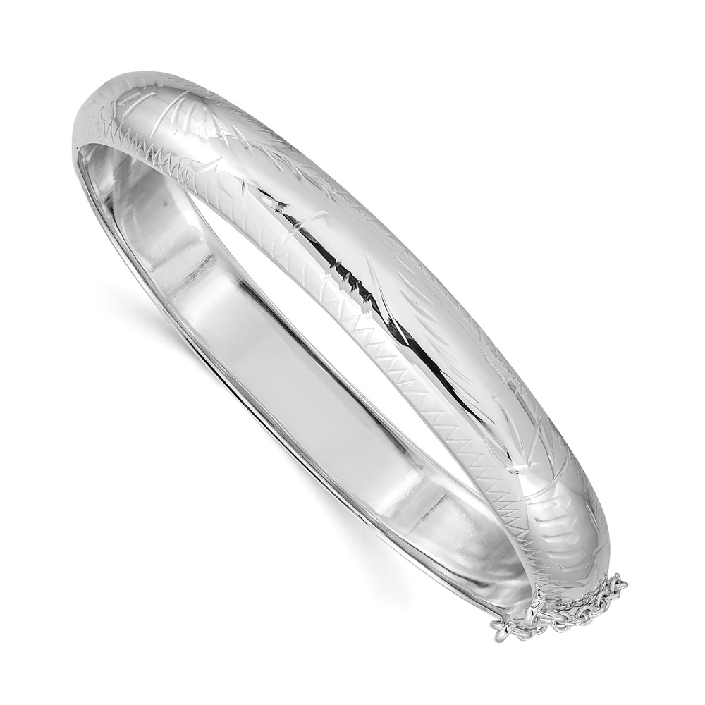 Sterling Silver Rhodium-plated Diamond-cut 9.5mm Hinged Bangle Bracelet with Safety Chain