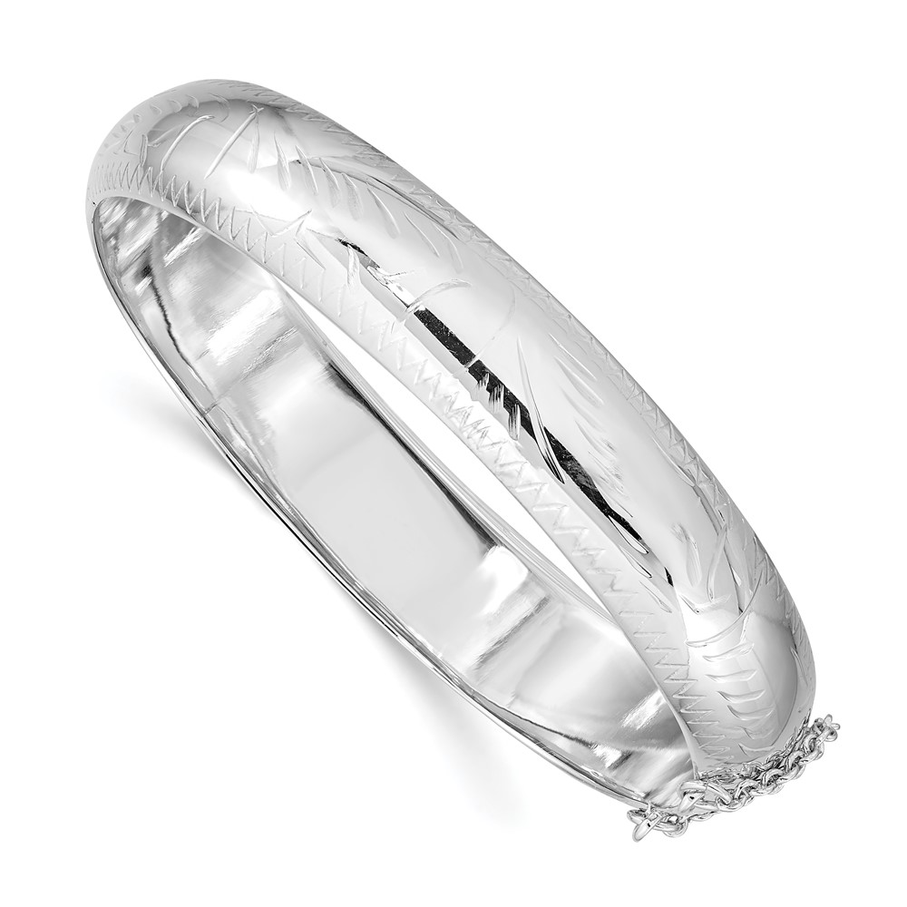 Sterling Silver Rhodium-plated D/C 12mm Fancy Hinged Bangle Bracelet (QB33)