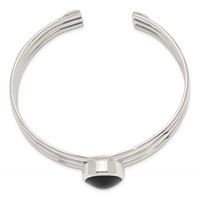 Sterling Silver Synthetic Oval Onyx Three Strand Cuff Bangle Bracelet view 2
