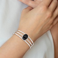 Sterling Silver Synthetic Oval Onyx Three Strand Cuff Bangle Bracelet view 4