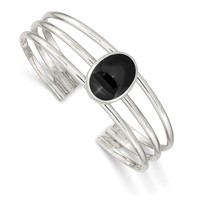 Sterling Silver Synthetic Oval Onyx Three Strand Cuff Bangle Bracelet view 1