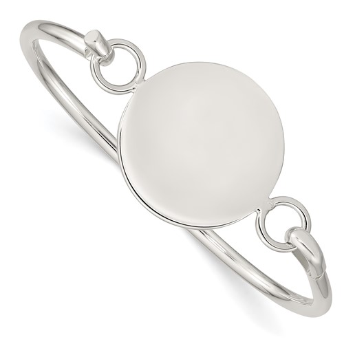 Sterling Silver Polished Engravable 26mm Round ID Plate Hook Closure Bangle Bracelet