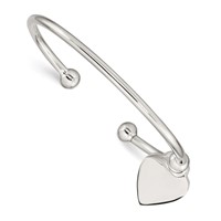 Sterling Silver Polished 3mm Heart Charm Cuff Bangle Bracelet view 1