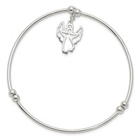 Sterling Silver Rhodium-plated Polished Bead Bracelet with Angel Charm Stretch Bangle view 2