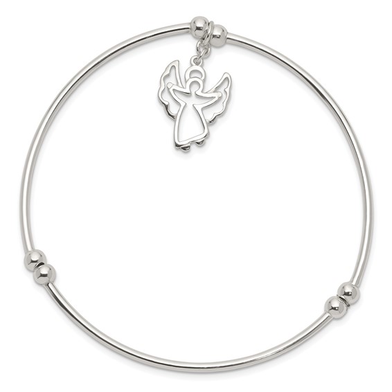 Sterling Silver Rhodium-plated Bead w/Angel Stretch Bangle Bracelet