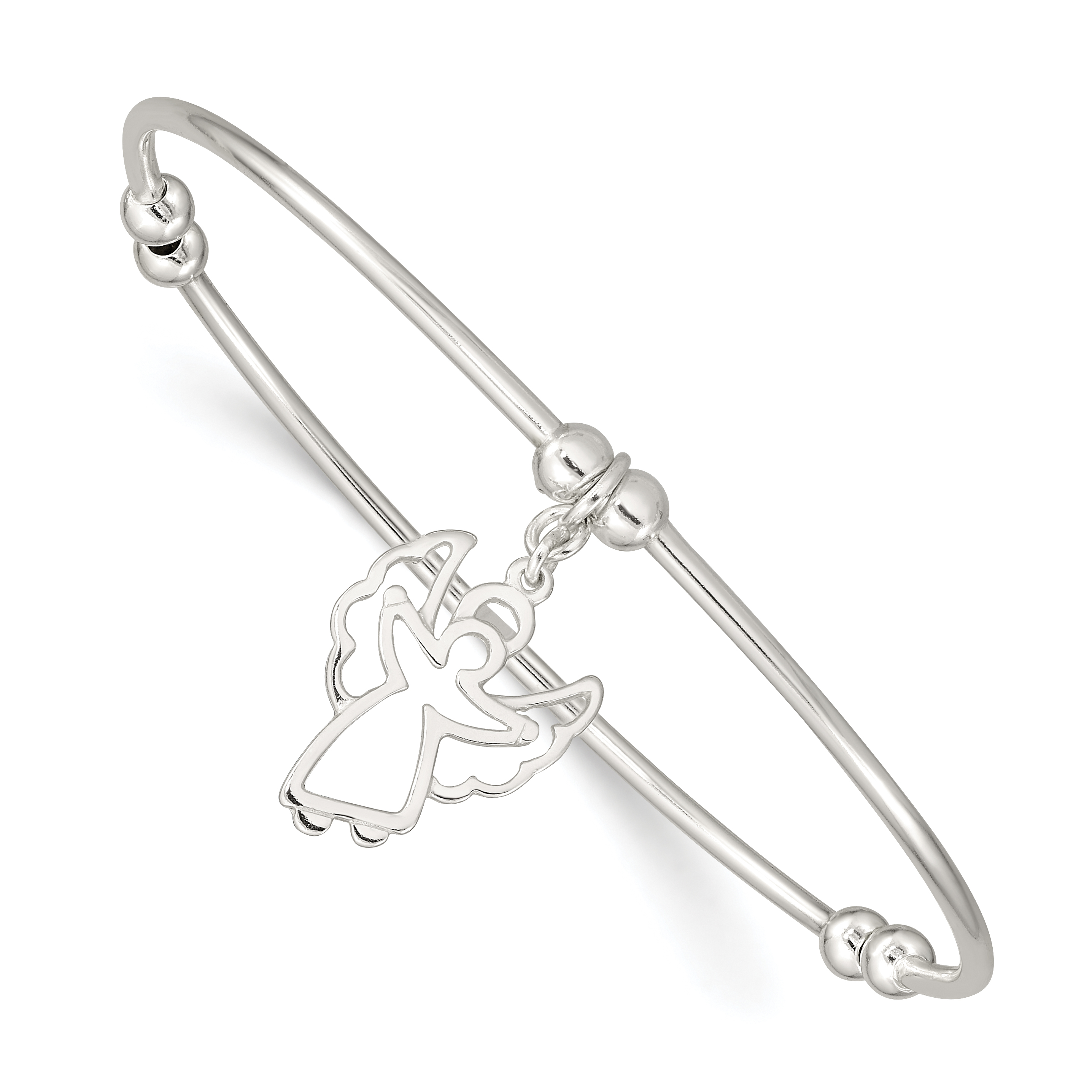 Sterling Silver Rhodium-plated Bead w/Angel Stretch Bangle Bracelet (QB464)