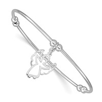 Sterling Silver Rhodium-plated Polished Bead Bracelet with Angel Charm Stretch Bangle view 1