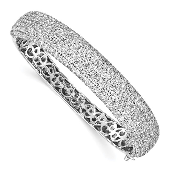 Sterling Shimmer Sterling Silver Rhodium-plated 568 Stone CZ Pavé Hinged Bangle