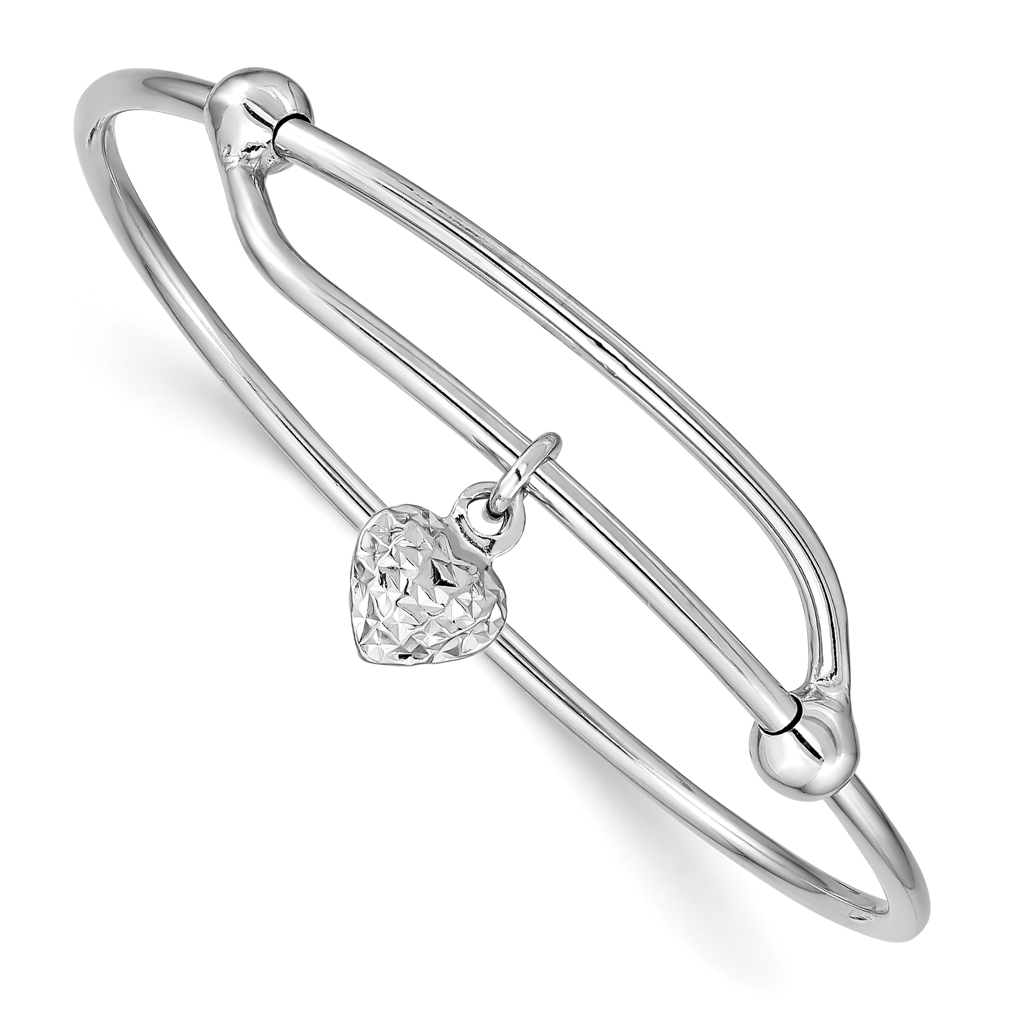 Sterling Silver RH-plated Polished & D/C Heart Adjustable Baby Bangle (QB669)