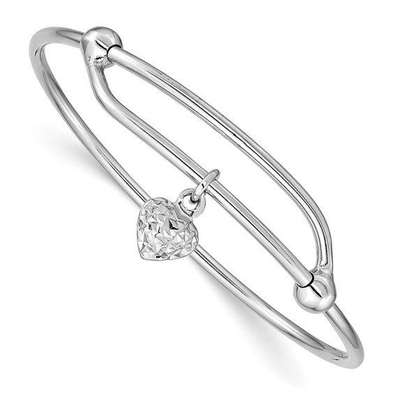 Sterling Silver RH-plated Polished & D/C Heart Adjustable Baby Bangle