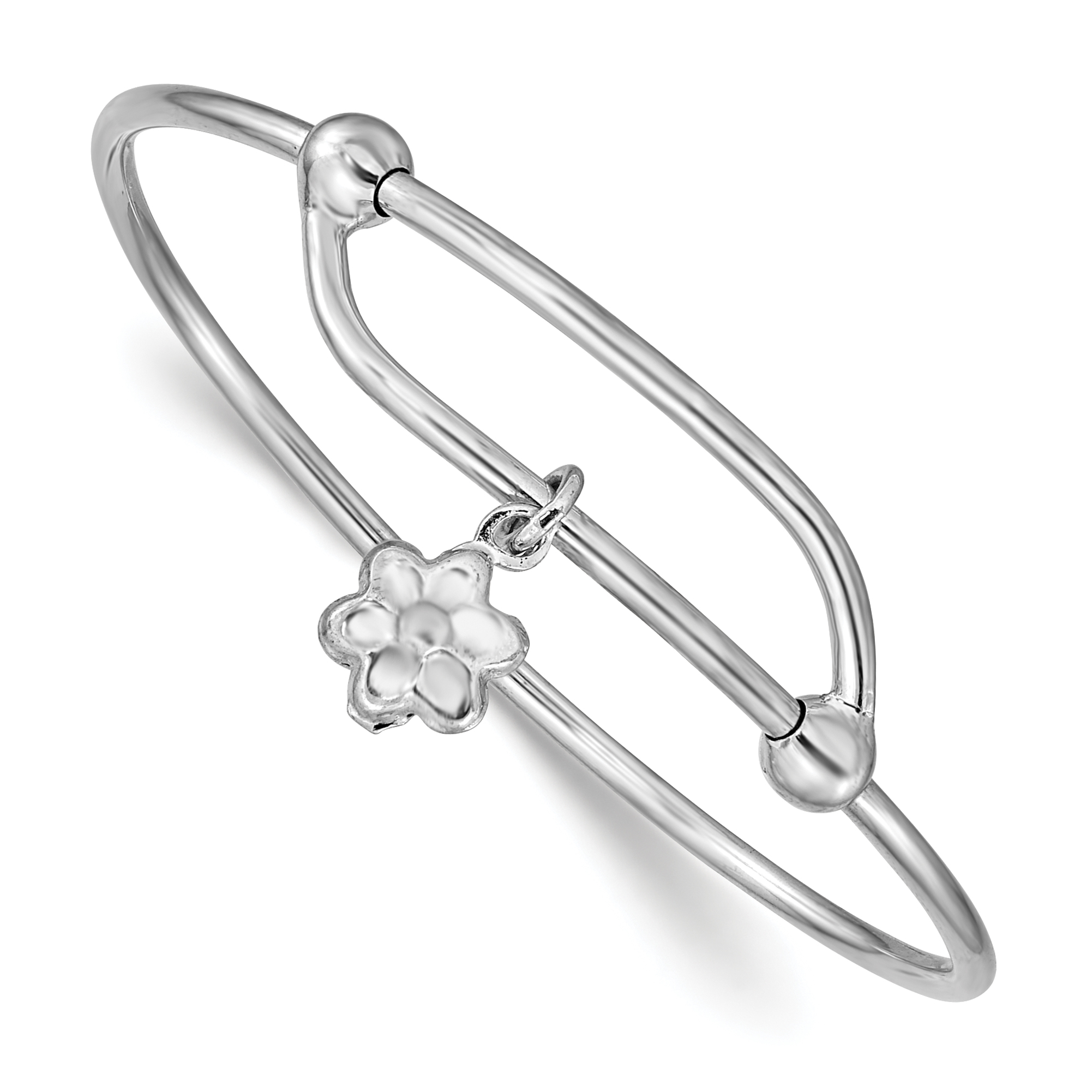 Sterling Silver Rhodium-plated Polished Flower Adjustable Baby Bangle (QB671)