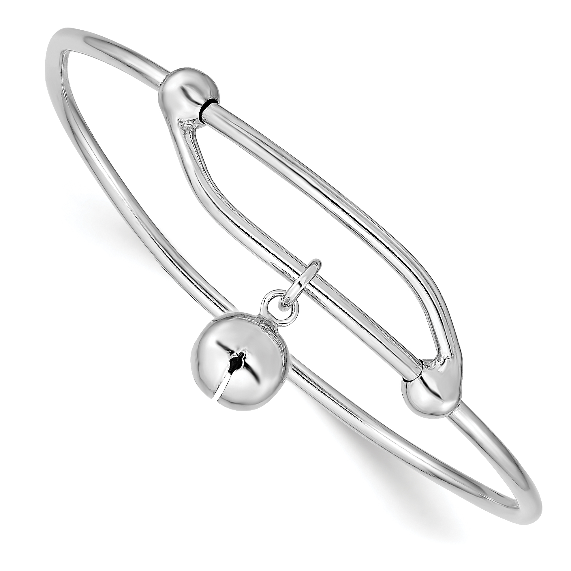 Sterling Silver Rhodium-plated Polished Jingle Bell Adjustable Baby Bangle (QB673)