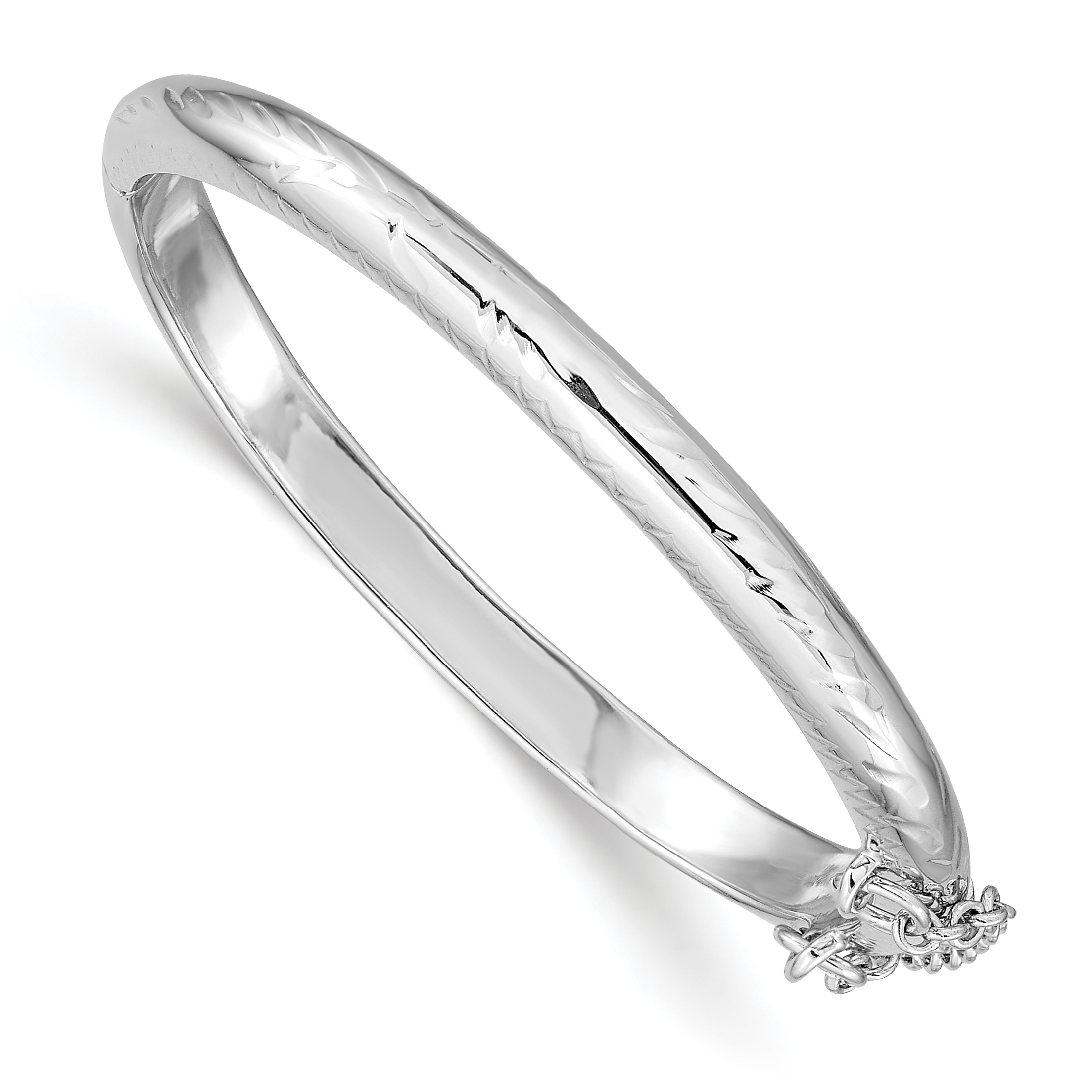 Sterling Silver Rhodium-plated Polished & Diamond-cut 4mm with Safety Clasp Hinged Children's Bangle (QB785)