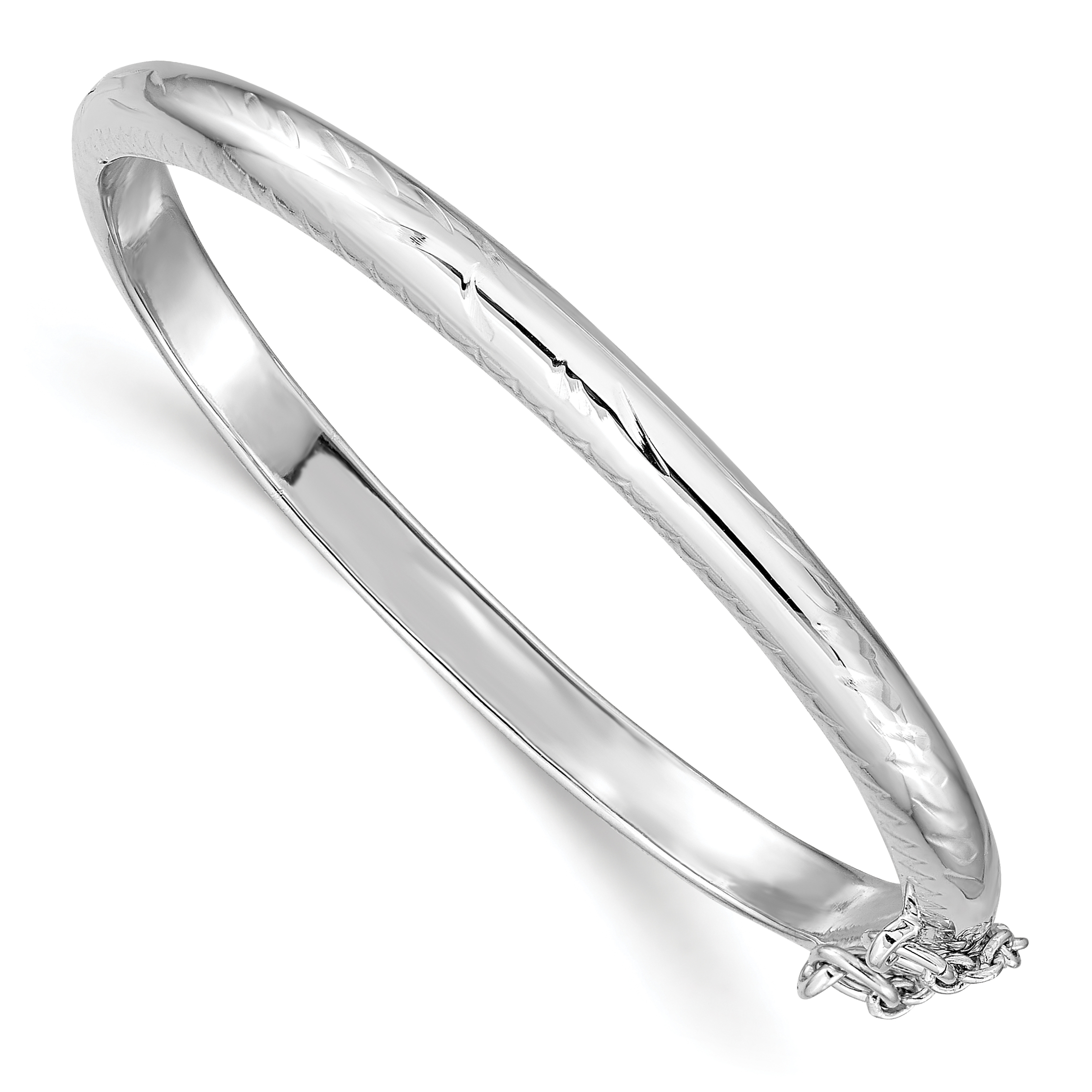 Sterling Silver Rhodium-plated Polished & Diamond-cut 4mm with Safety Clasp Hinged Children's Bangle (QB787)