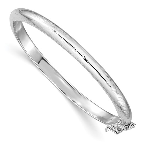Sterling Silver Rhodium-plated Polished & Diamond-cut 4mm Bangle with Safety Clasp Hinged Children's