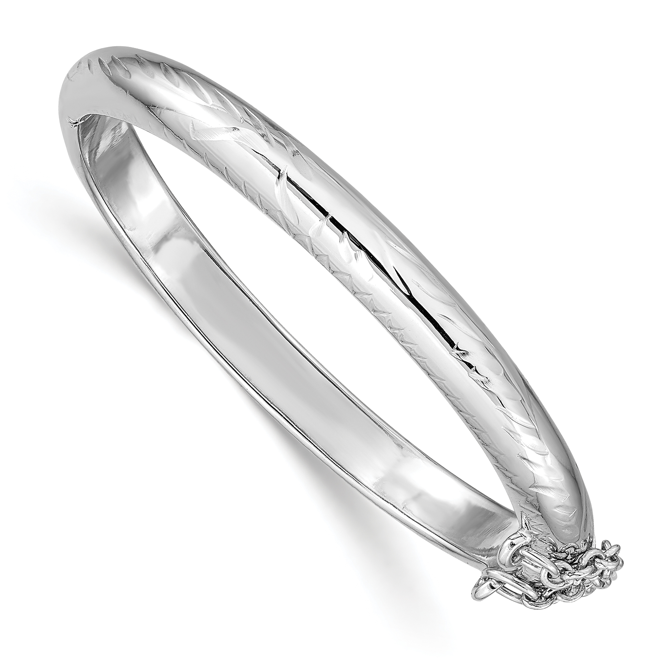 Sterling Silver Rhodium-plated Polished & Diamond-cut 5mm with Safety Clasp Hinged Children's Bangle (QB788)