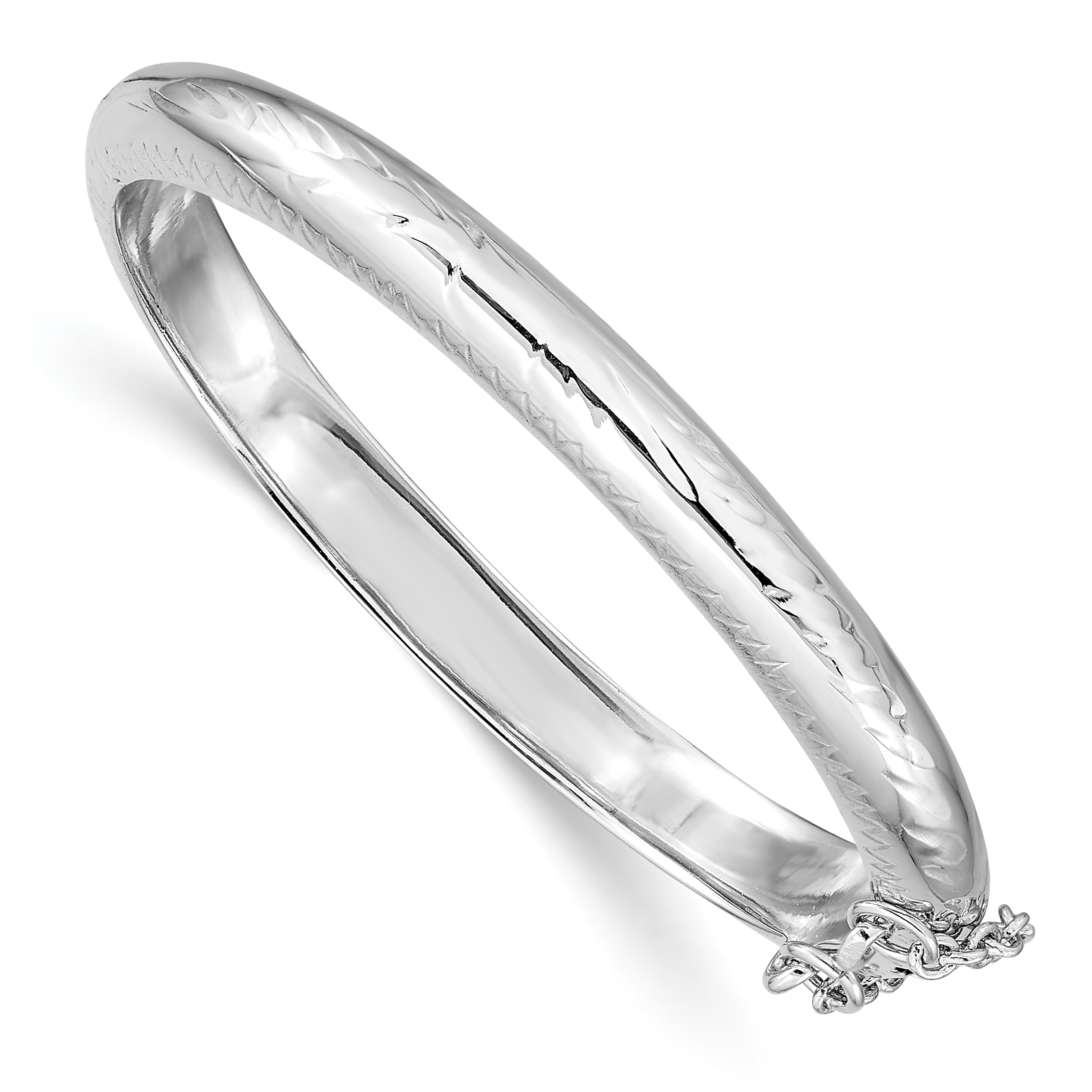 Sterling Silver Rhodium-plated Polished & Diamond-cut 5mm with Safety Clasp Hinged Children's Bangle (QB789)