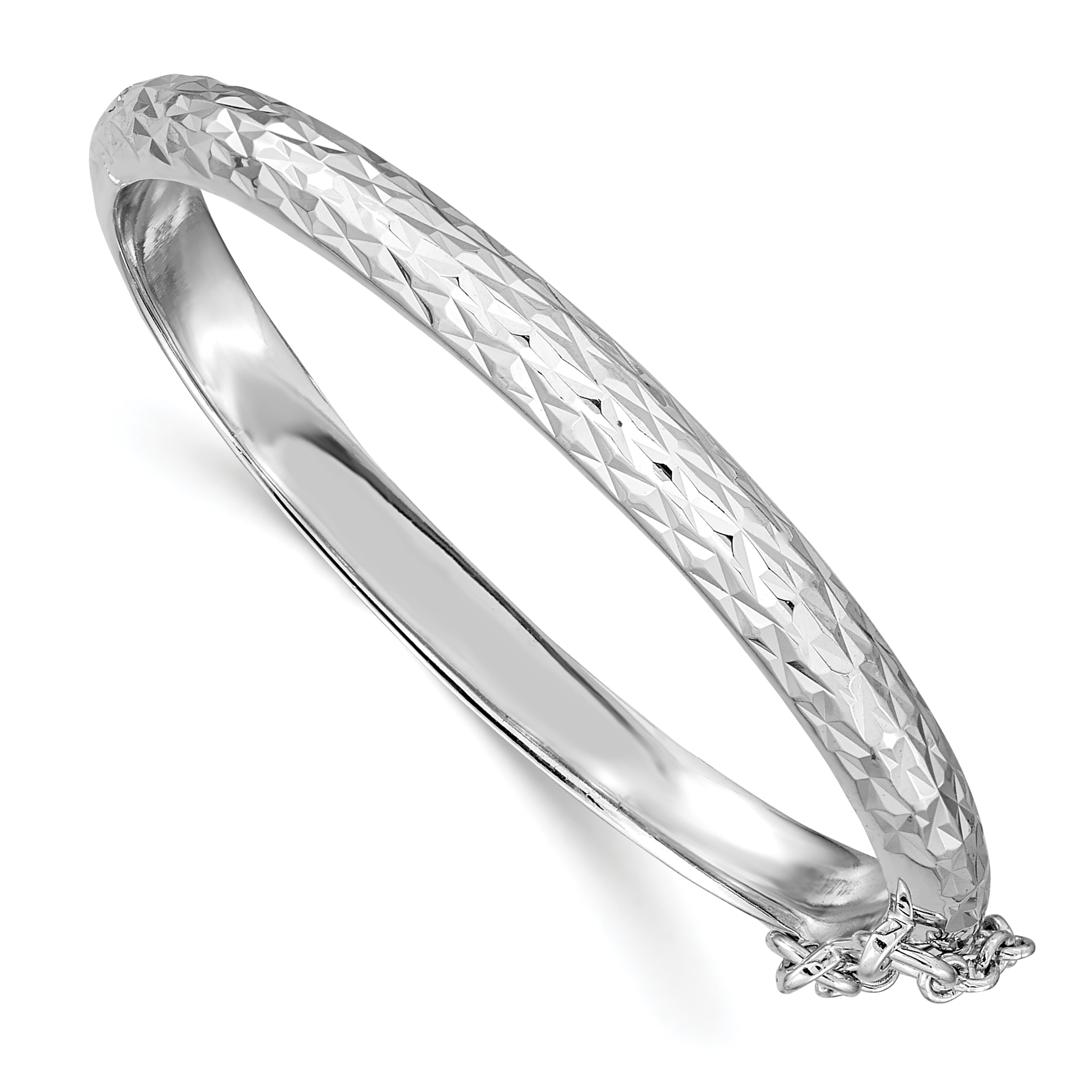 Sterling Silver Rhodium-plated Polished & Diamond-cut 4.5mm with Safety Clasp Hinged Children's Bangle (QB794)