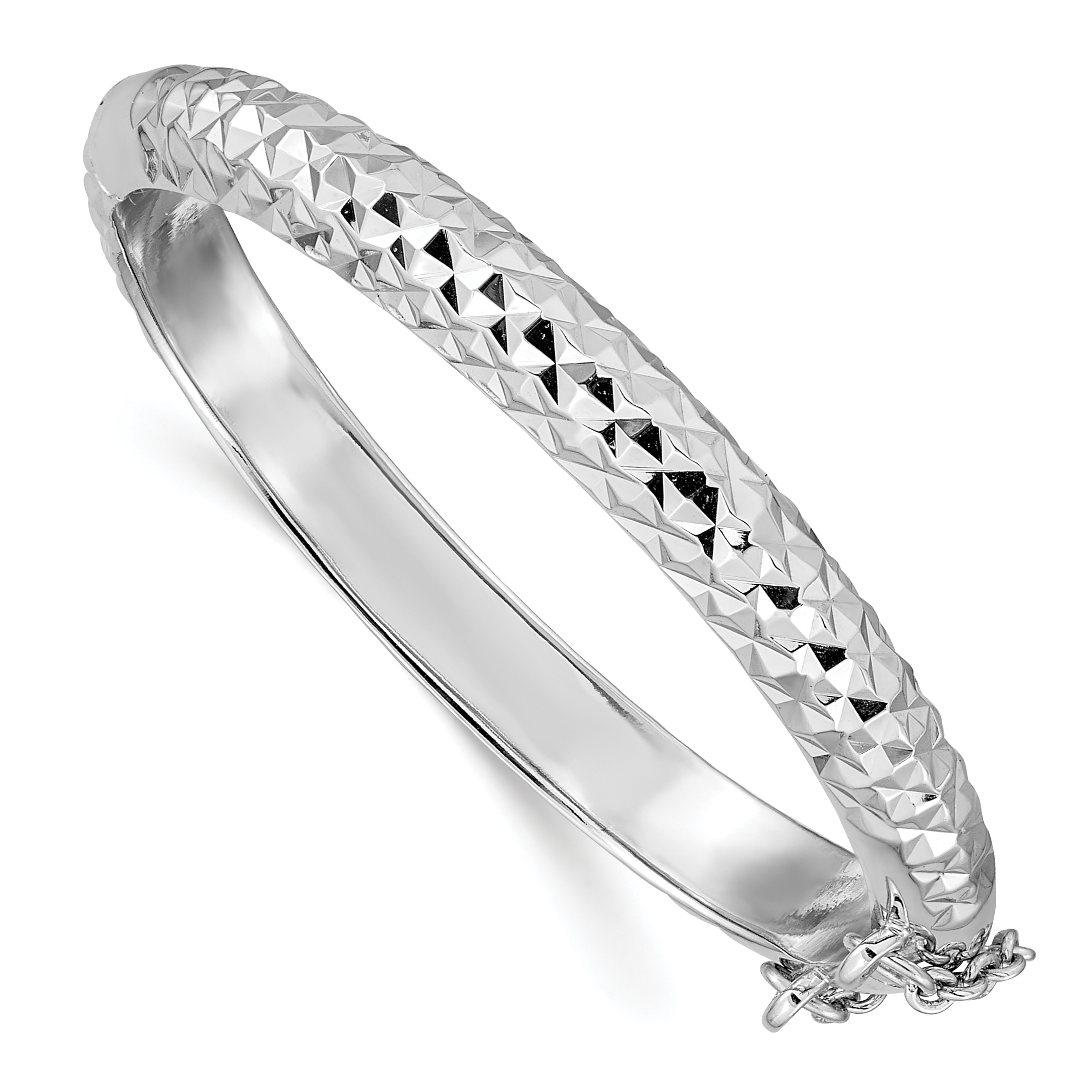 Sterling Silver Rhodium-plated Polished & Diamond-cut 5.5mm with Safety Clasp Hinged Children's Bangle (QB797)