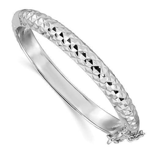 Sterling Silver Rhodium-plated Polished & Diamond-cut 5.5mm Bangle with Safety Clasp Hinged Children's