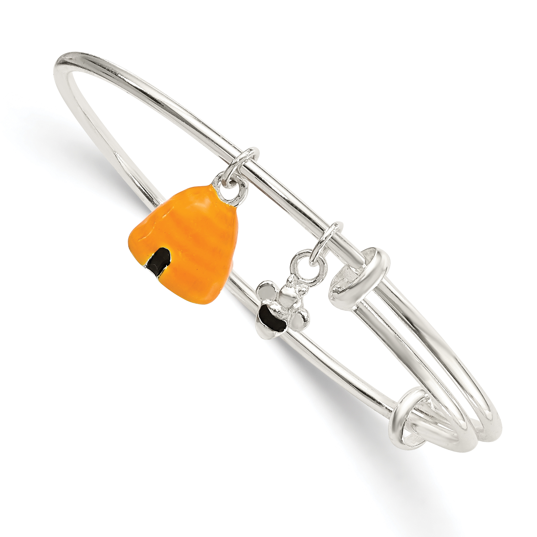 Sterling Silver Yellow & Black Enameled Bee & Beehive Children's Bangle (QB888)