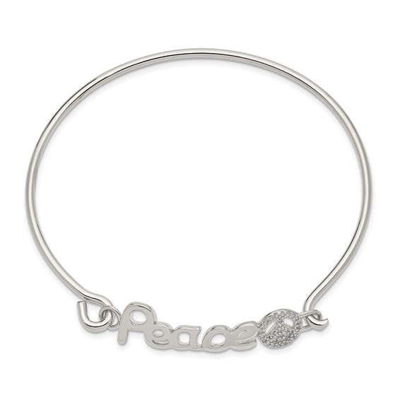 Sterling Silver Rhod-plated Polished CZ PEACE with Peace Sign Bangle
