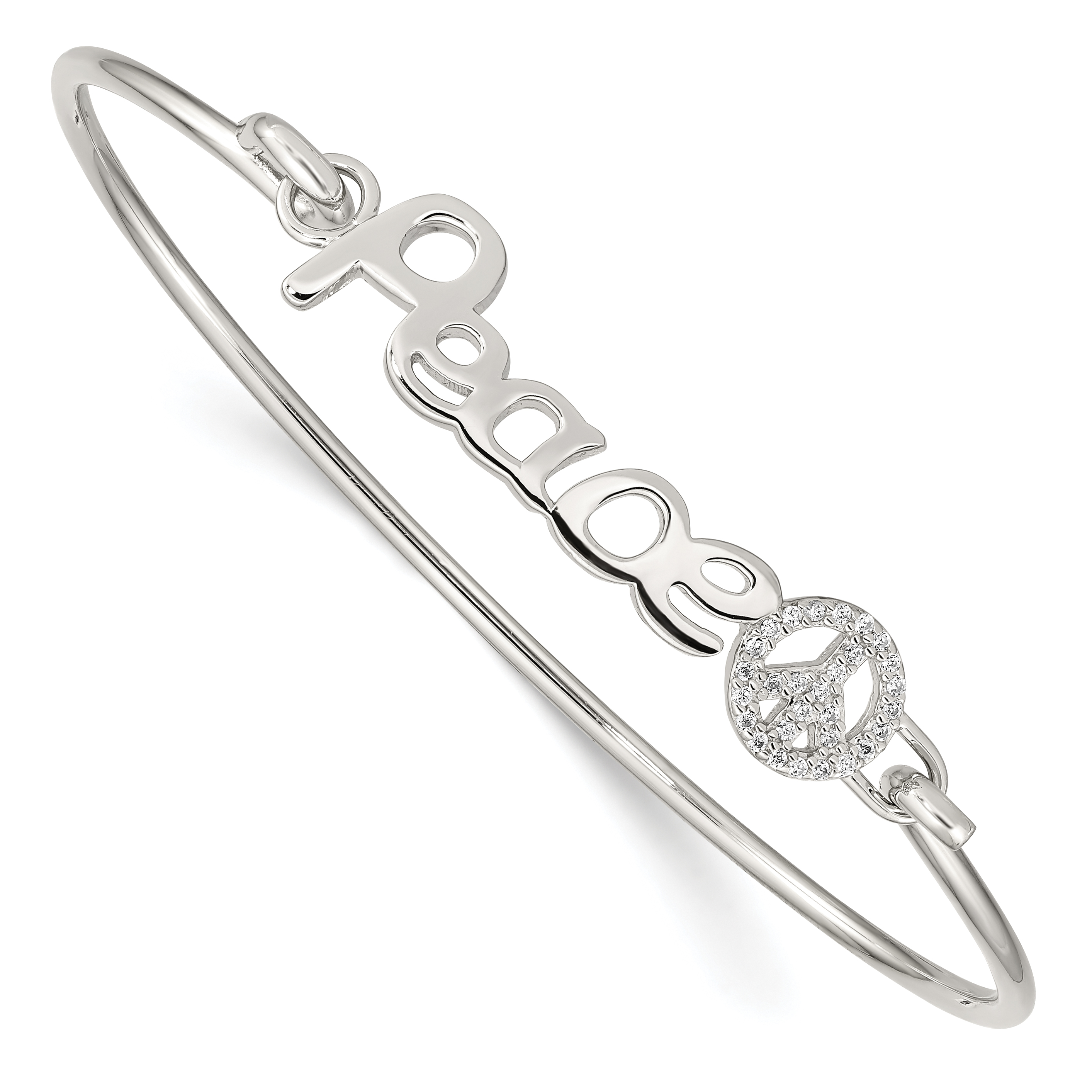 Sterling Silver Rhod-plated Polished CZ PEACE with Peace Sign Bangle (QB933)