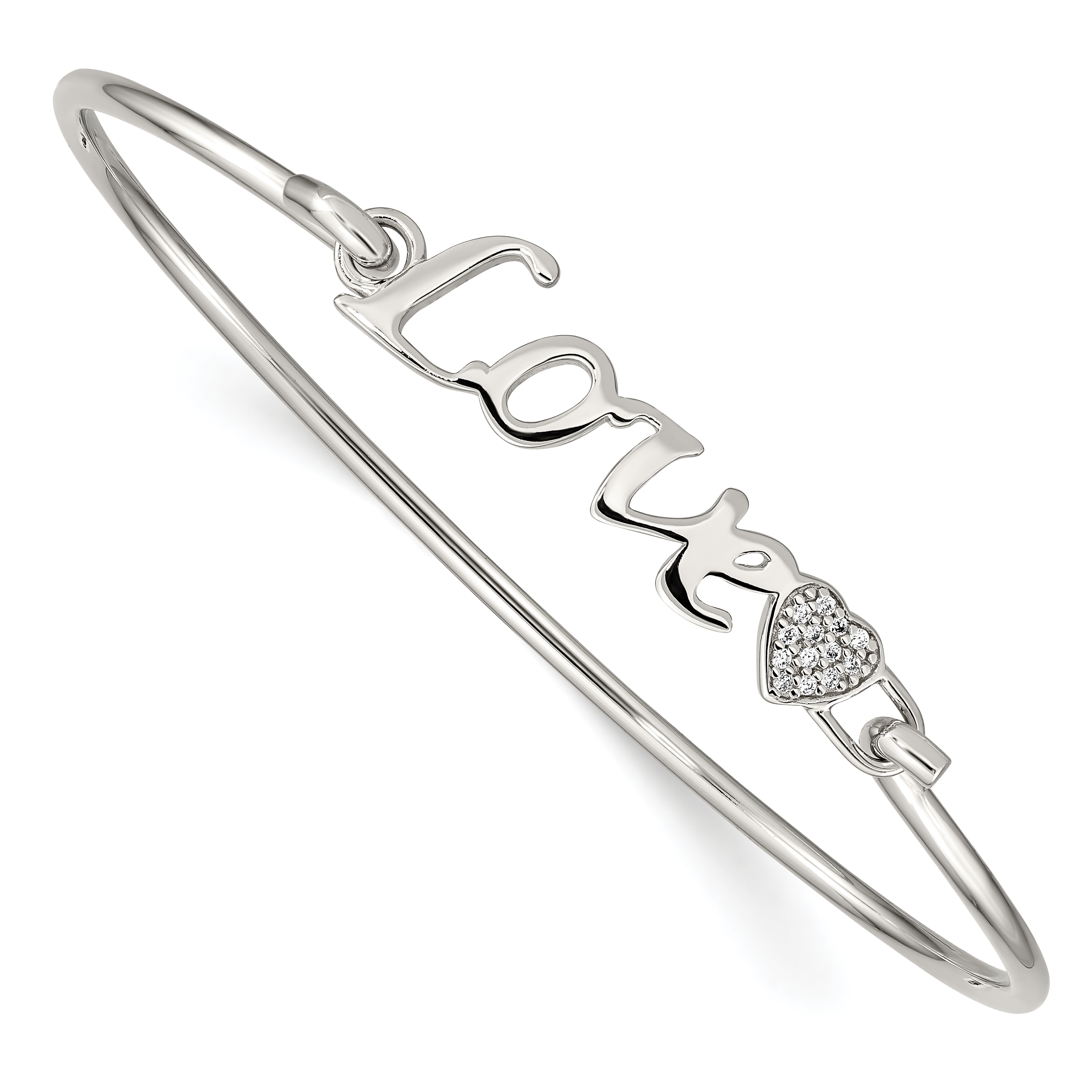 Sterling Silver Rhodium-plated Polished LOVE with CZ Heart Bangle (QB936)