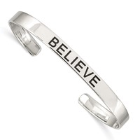 Sterling Silver Polished Antiqued Believe Cuff Bangle view 1