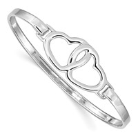 Sterling Silver Rhodium-plated Polished 2 Hearts Hook Closure Bangle view 1